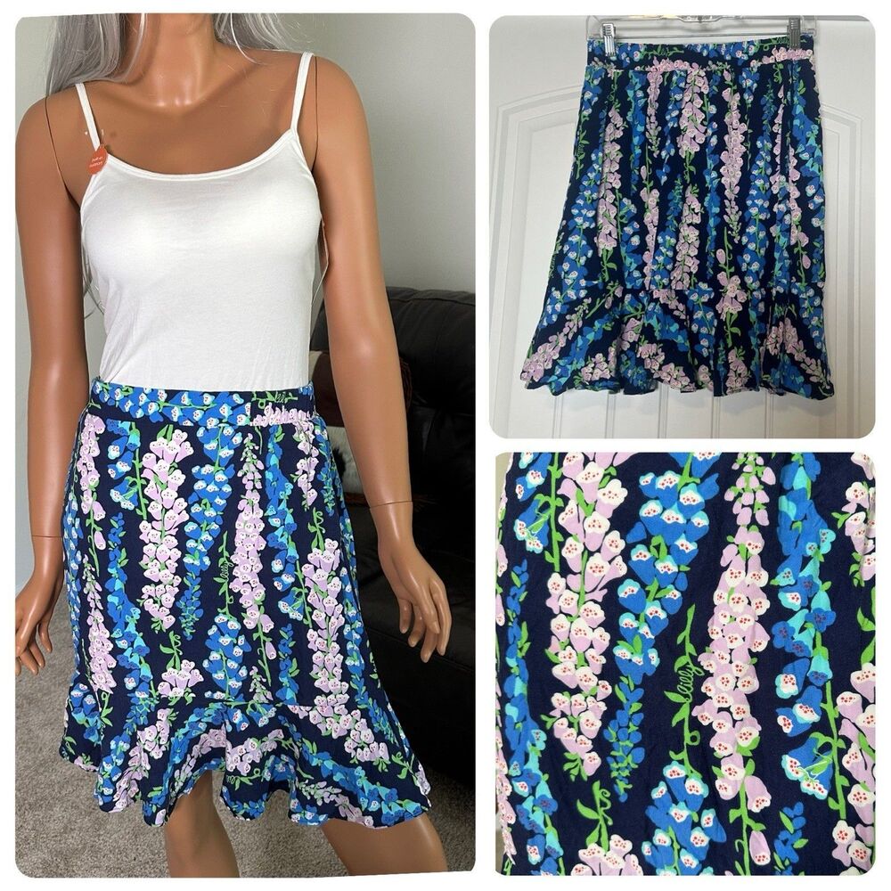 Lilly Pulitzer Navy A-Line Skirt with Pink & Blue Floral Ruffle